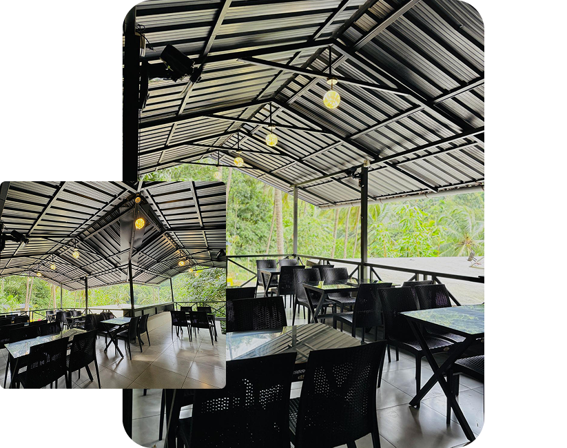 JKR Gardens Resort Restaurant: Elegant dining area with modern décor, natural lighting, and a variety of delicious dishes served, offering guests a premium culinary experience in Kerala and Tamil Nadu.