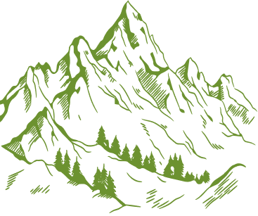 Stylized green mountain range with sharp peaks and forested lower slopes, drawn in a hand-sketched style. The scene conveys a sense of adventure and tranquility, evoking the beauty and serenity of nature. No visible text.