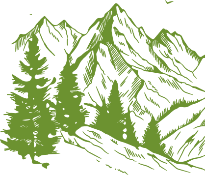Stylized green mountain range with sharp peaks and forested lower slopes, drawn in a hand-sketched style. The scene conveys a sense of adventure and tranquility, evoking the beauty and serenity of nature. No visible text.