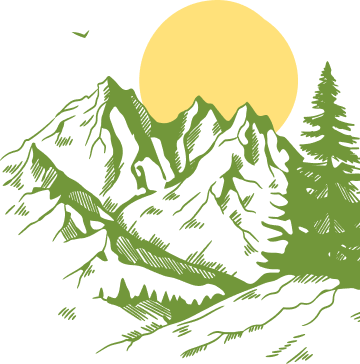 Stylized green mountain range with sharp peaks and forested lower slopes, drawn in a hand-sketched style. The scene conveys a sense of adventure and tranquility, evoking the beauty and serenity of nature. No visible text.