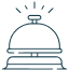 Classic hotel bell icon with radiating lines above, centered on a transparent background, representing attentive and professional concierge service in a welcoming environment. No visible text. The tone is helpful and inviting.