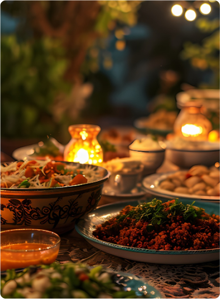 Candlelight Dinner at JKR Gardens: Romantic outdoor dining setup with elegant table settings, soft candlelight, and scenic garden views, perfect for couples seeking a memorable evening.