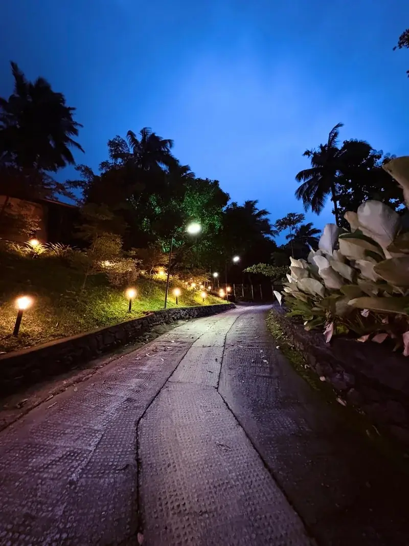 Resort pathway lit by lanterns at night in Vayalada