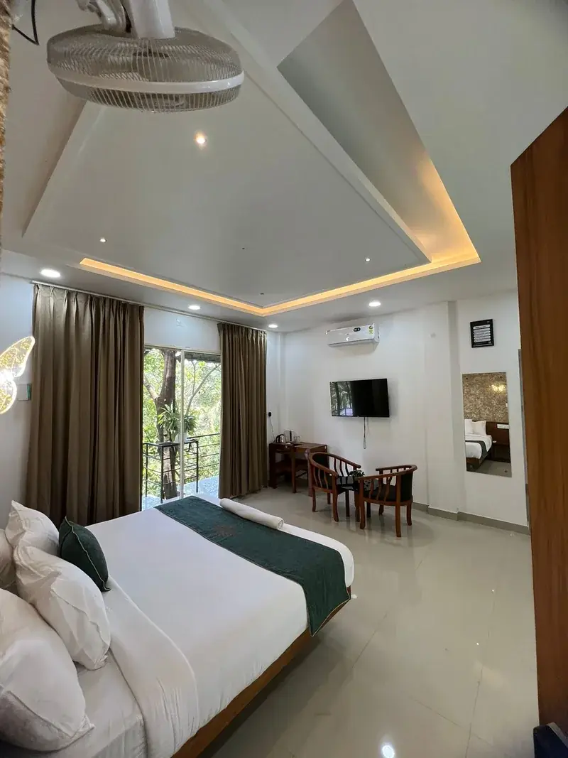 Room with ceiling lights and curtains