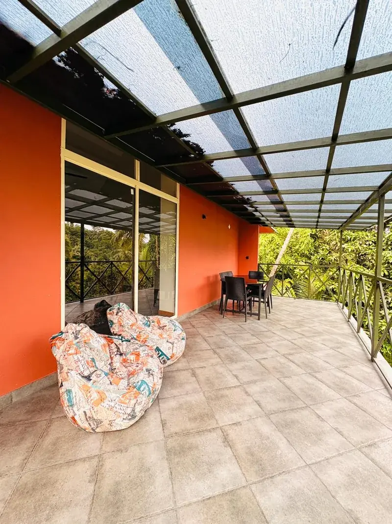 Terrace with glass roof overlooking palms
