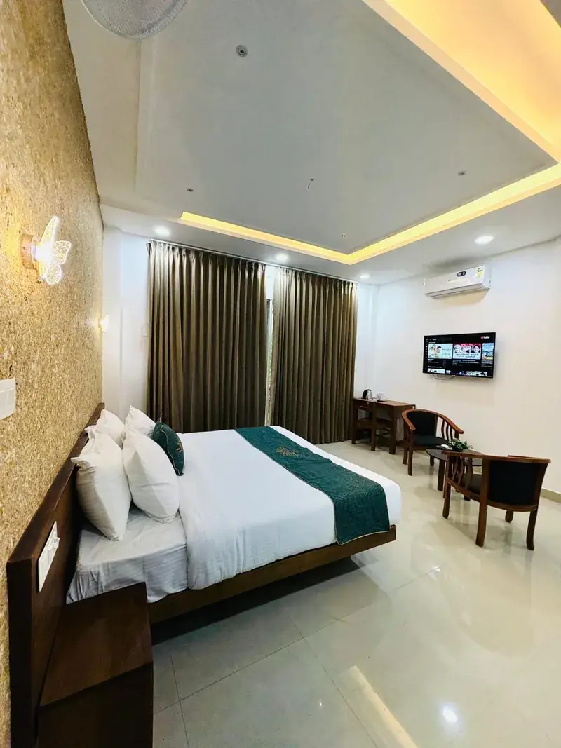 Room with television and curtains