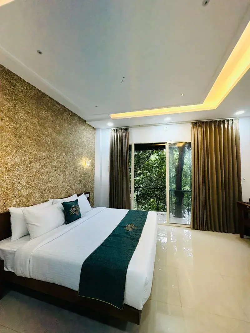 Room with timber wall and glass doors